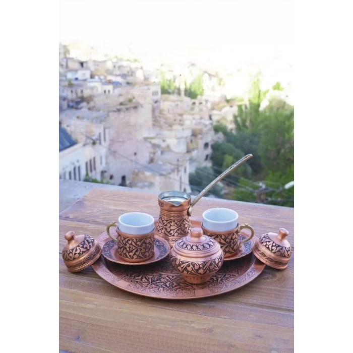 BAKIR KAHVE SETİ OYMA NAKIŞ İŞLEME BAKIR RENK