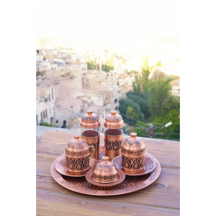BAKIR KAHVE SETİ LALE DETAYLI MAT BAKIR RENK