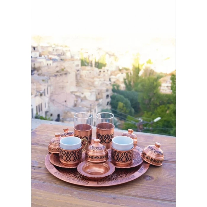 BAKIR KAHVE SETİ LALE DETAYLI MAT BAKIR RENK