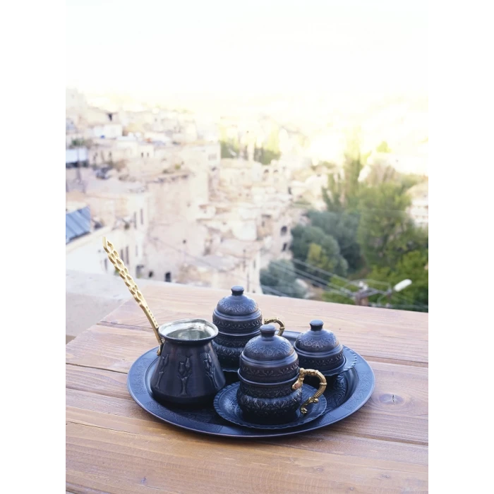 BAKIR KAHVE SETİ LALE DETAYLI OKSİTLİ RENK