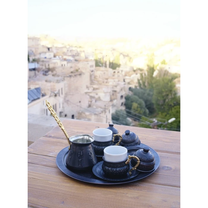 BAKIR KAHVE SETİ LALE DETAYLI OKSİTLİ RENK