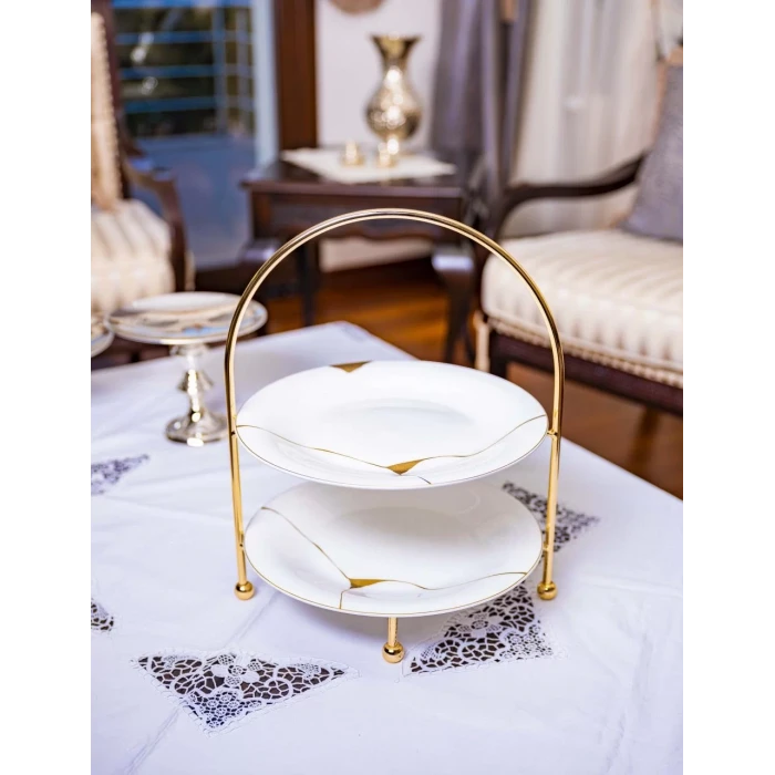 GÜMÜŞ KAPLAMA İKİ KATLI ETEJER SUNUMLUK (ALTIN RENK)