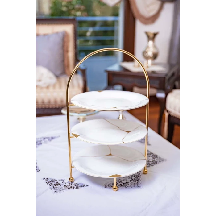 GÜMÜŞ KAPLAMA ÜÇ KATLI ETEJER SUNUMLUK (ALTIN RENK)