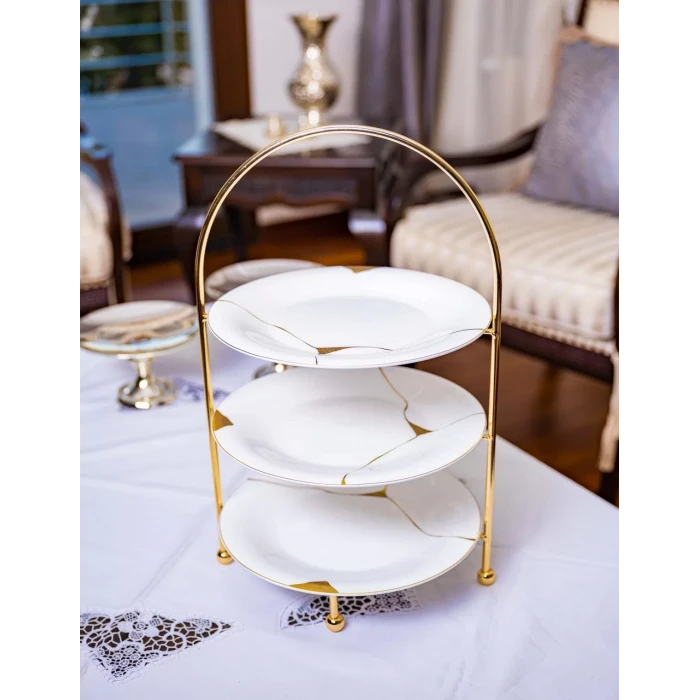 GÜMÜŞ KAPLAMA ÜÇ KATLI ETEJER SUNUMLUK (ALTIN RENK)