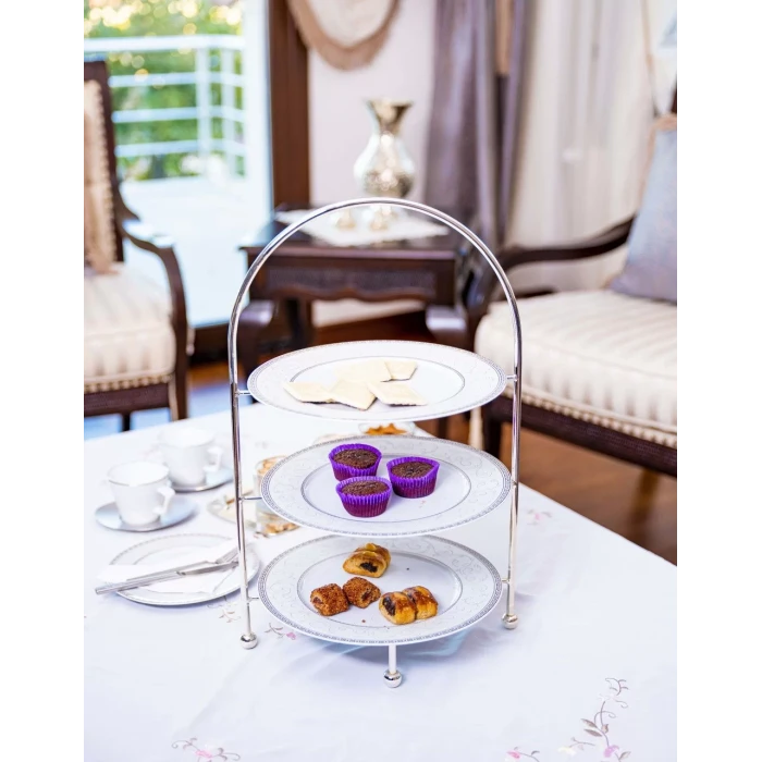 GÜMÜŞ KAPLAMA ÜÇ KATLI ETEJER SUNUMLUK (GÜMÜŞ RENK)