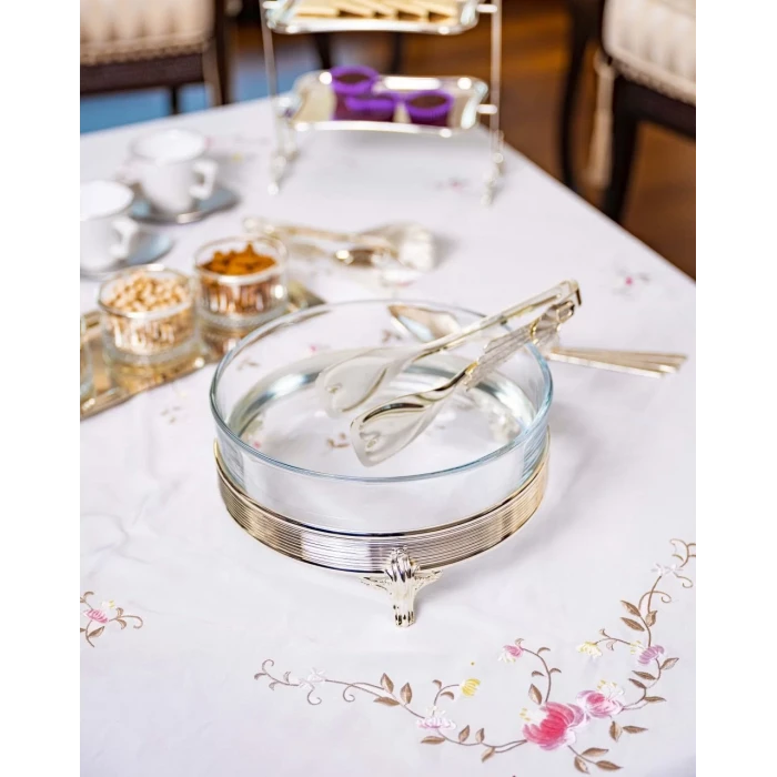 GÜMÜŞ KAPLAMA YUVARLAK CAMLI SUNUMLUK 3 AYAKLI MODEL