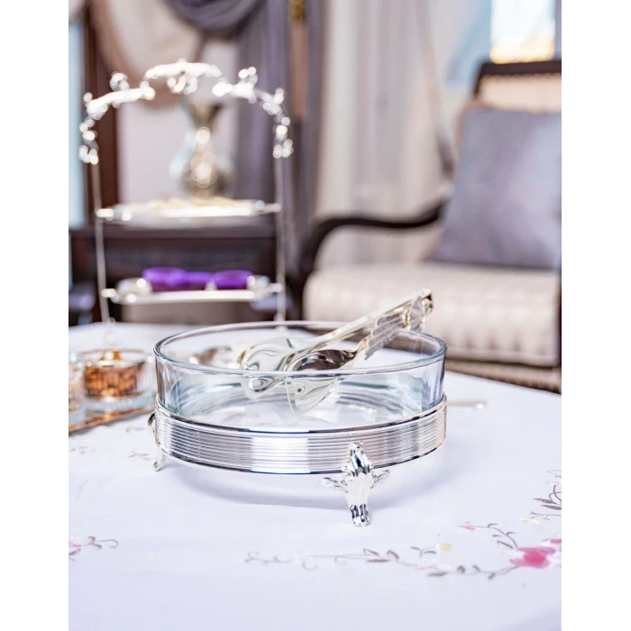 GÜMÜŞ KAPLAMA YUVARLAK CAMLI SUNUMLUK 3 AYAKLI MODEL