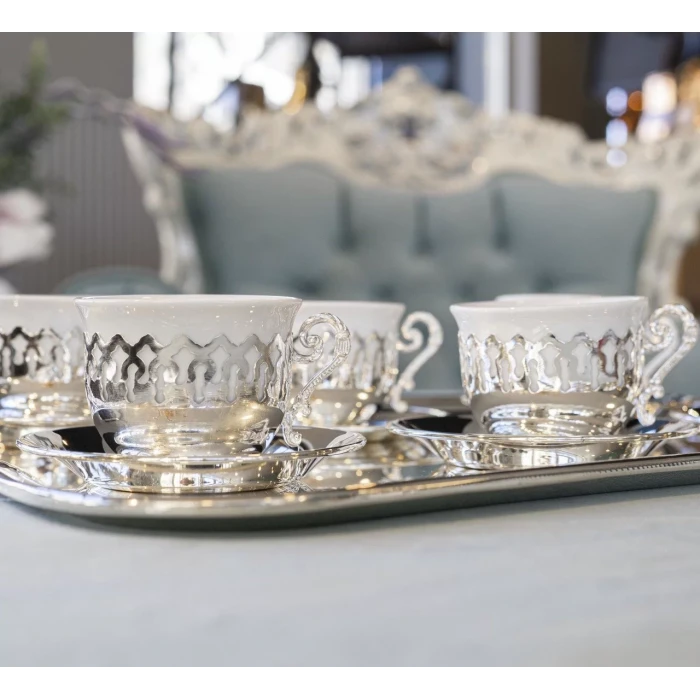 GÜMÜŞ KAPLAMA FİNCAN SETİ DANTEL DETAYLI MODEL