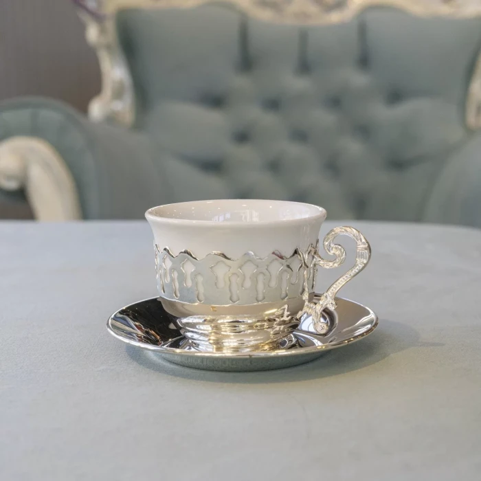 GÜMÜŞ KAPLAMA FİNCAN SETİ DANTEL DETAYLI MODEL