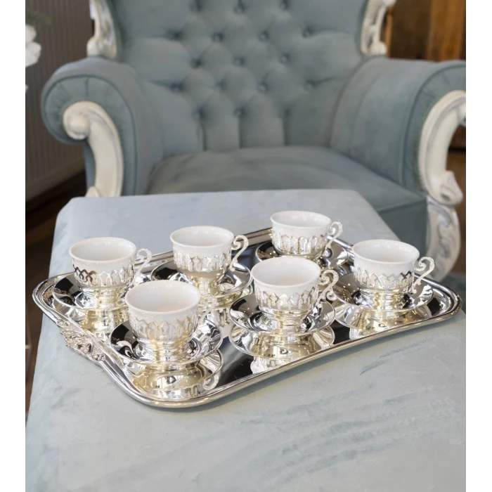 GÜMÜŞ KAPLAMA FİNCAN SETİ DANTEL DETAYLI MODEL