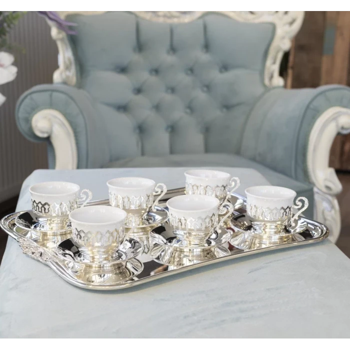 GÜMÜŞ KAPLAMA FİNCAN SETİ DANTEL DETAYLI MODEL