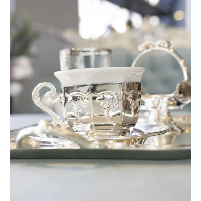 GÜMÜŞ KAPLAMA FİNCAN SETİ KÖŞELİ VE KABARTMA MOTİFLİ MODEL