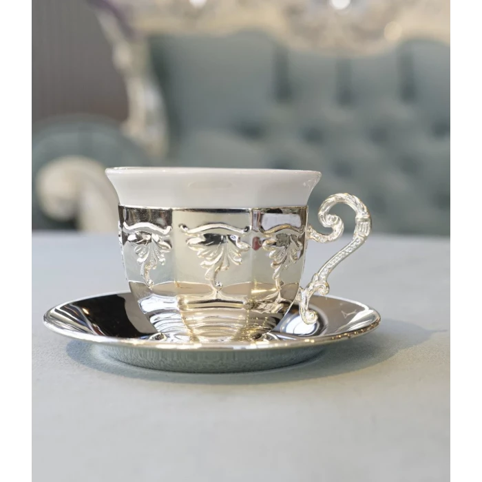 GÜMÜŞ KAPLAMA FİNCAN SETİ KÖŞELİ VE KABARTMA MOTİFLİ MODEL