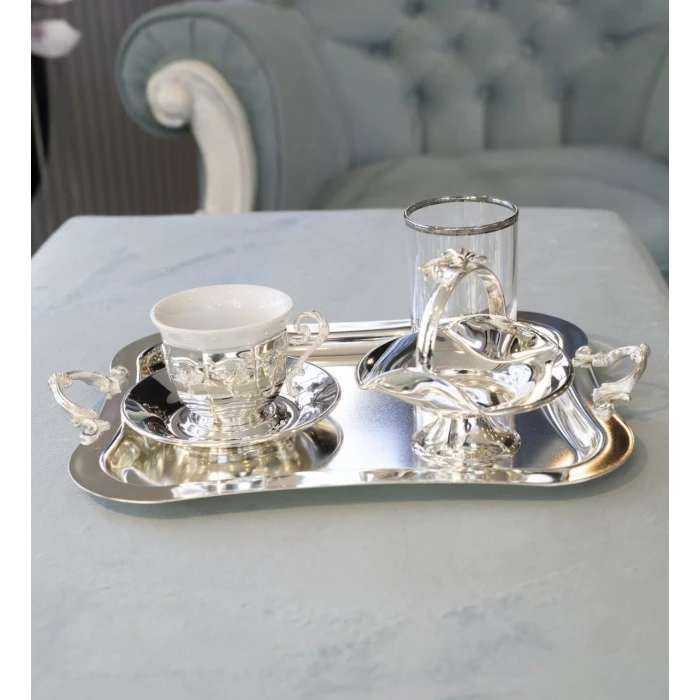 GÜMÜŞ KAPLAMA FİNCAN SETİ KÖŞELİ VE KABARTMA MOTİFLİ MODEL