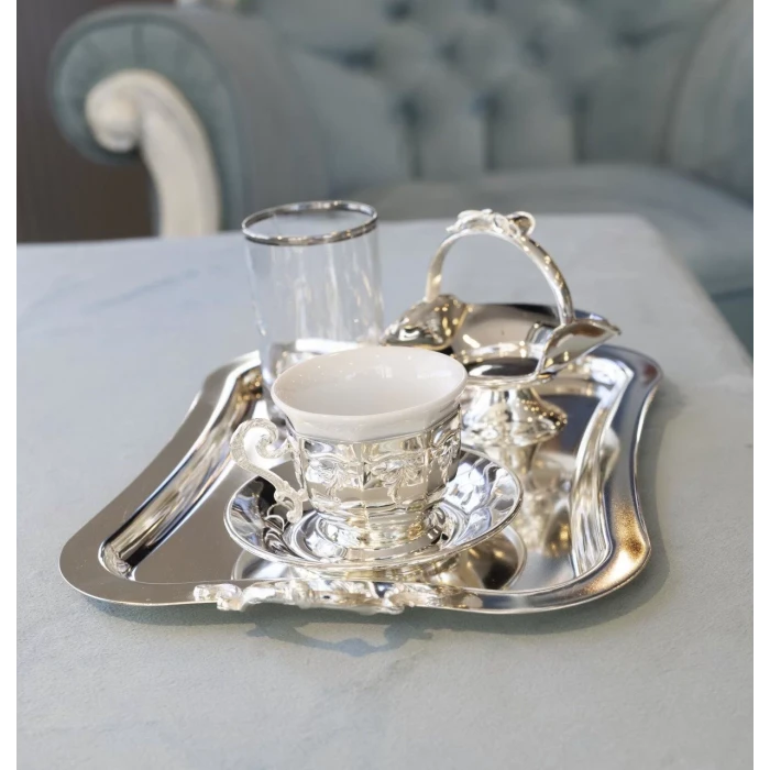 GÜMÜŞ KAPLAMA FİNCAN SETİ KÖŞELİ VE KABARTMA MOTİFLİ MODEL