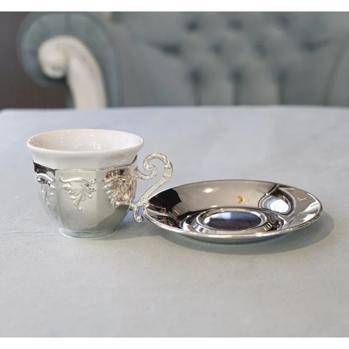 GÜMÜŞ KAPLAMA FİNCAN SETİ KÖŞELİ VE KABARTMA MOTİFLİ MODEL