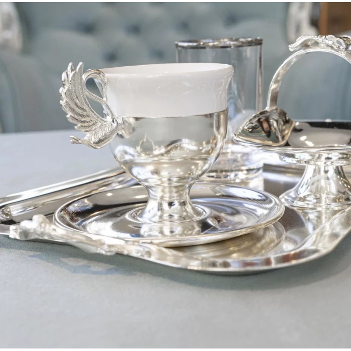 GÜMÜŞ KAPLAMA FİNCAN SETİ KUĞU DETAYLI MODEL