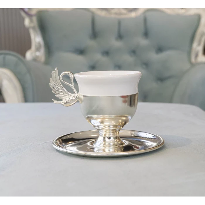 GÜMÜŞ KAPLAMA FİNCAN SETİ KUĞU DETAYLI MODEL