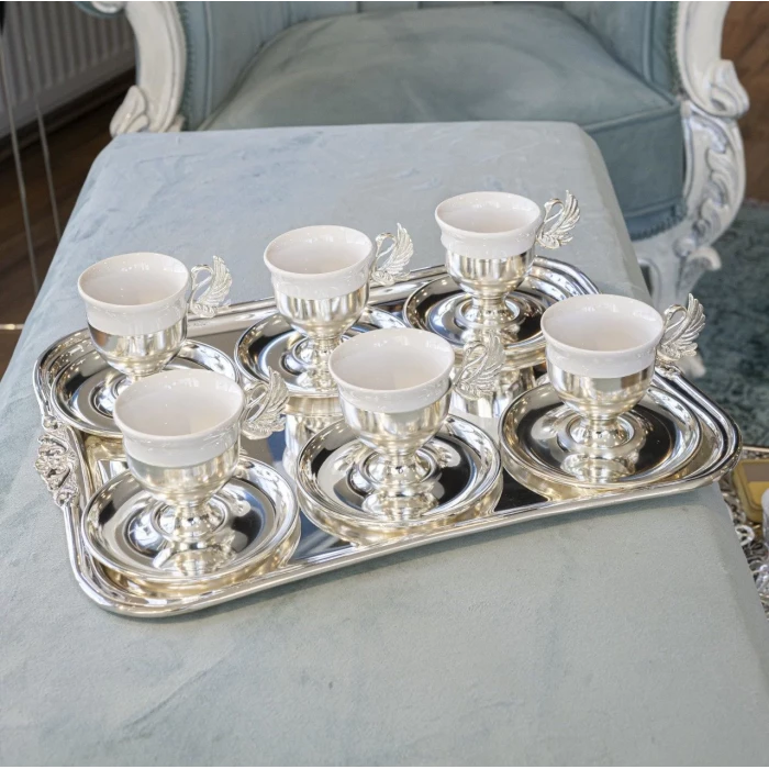 GÜMÜŞ KAPLAMA FİNCAN SETİ KUĞU DETAYLI MODEL