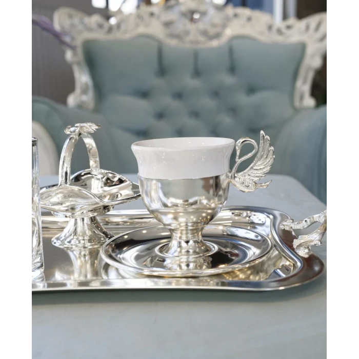 GÜMÜŞ KAPLAMA FİNCAN SETİ KUĞU DETAYLI MODEL