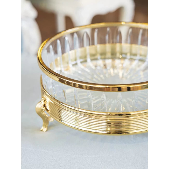 GÜMÜŞ KAPLAMA YUVARLAK KRİSTAL CAMLI SUNUMLUK GOLD RENK