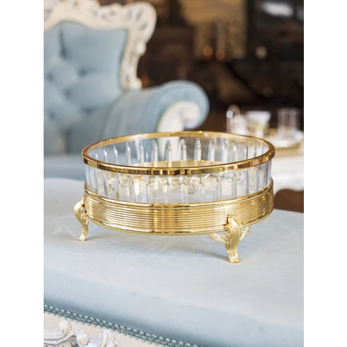 GÜMÜŞ KAPLAMA YUVARLAK KRİSTAL CAMLI SUNUMLUK GOLD RENK