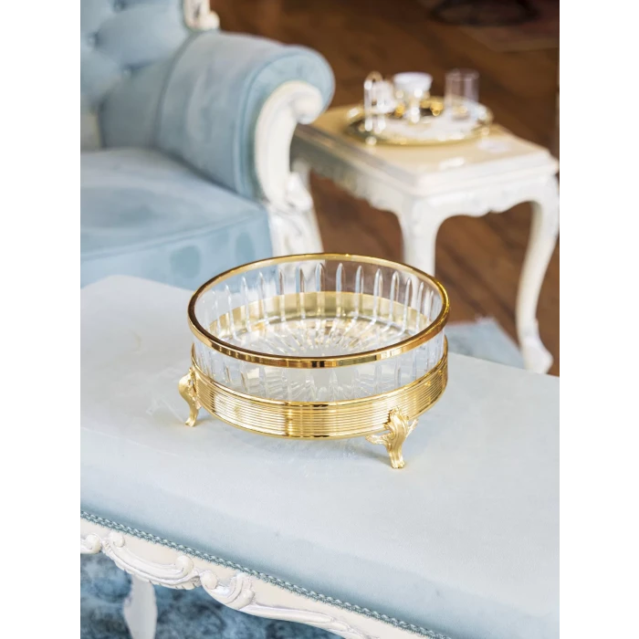 GÜMÜŞ KAPLAMA YUVARLAK KRİSTAL CAMLI SUNUMLUK GOLD RENK