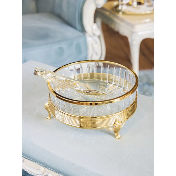 GÜMÜŞ KAPLAMA YUVARLAK KRİSTAL CAMLI SUNUMLUK GOLD RENK