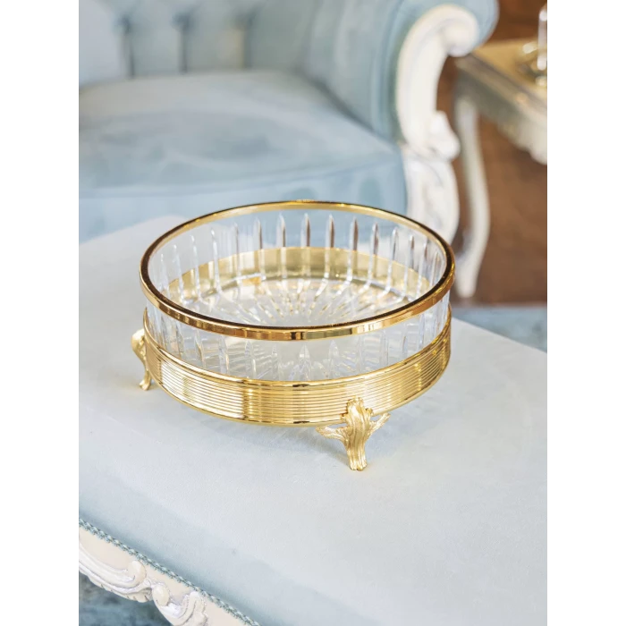 GÜMÜŞ KAPLAMA YUVARLAK KRİSTAL CAMLI SUNUMLUK GOLD RENK