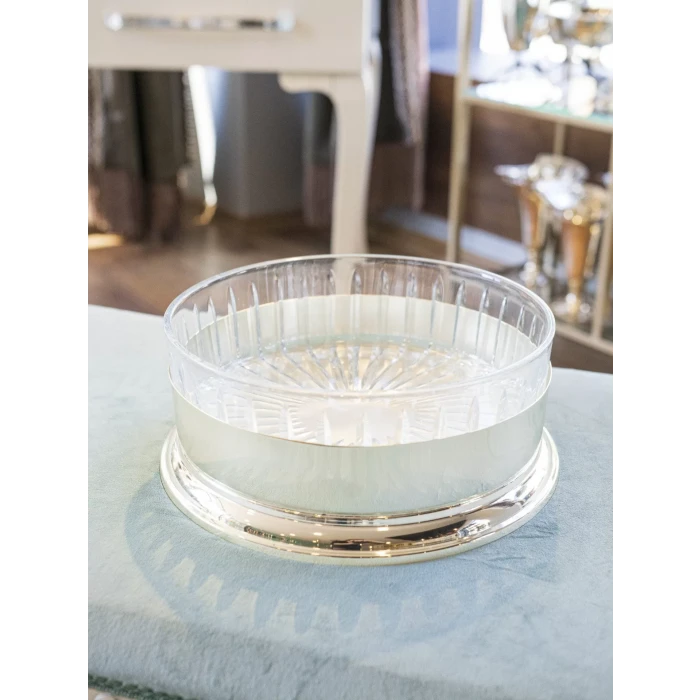 GÜMÜŞ KAPLAMA YUVARLAK SİLİNDİR KASE CAMLI SUNUMLUK (KESME KRİSTAL)