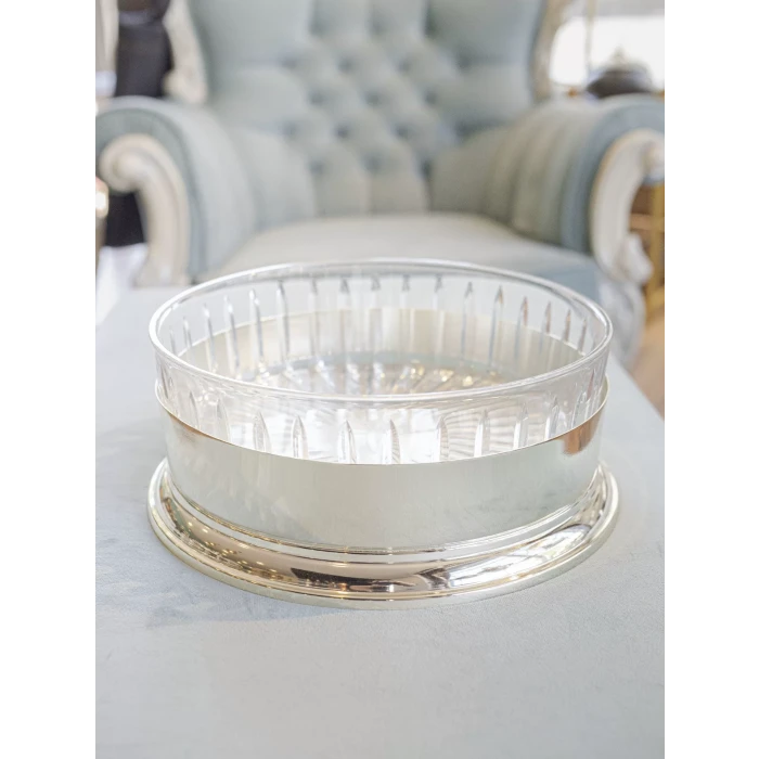 GÜMÜŞ KAPLAMA YUVARLAK SİLİNDİR KASE CAMLI SUNUMLUK (KESME KRİSTAL)
