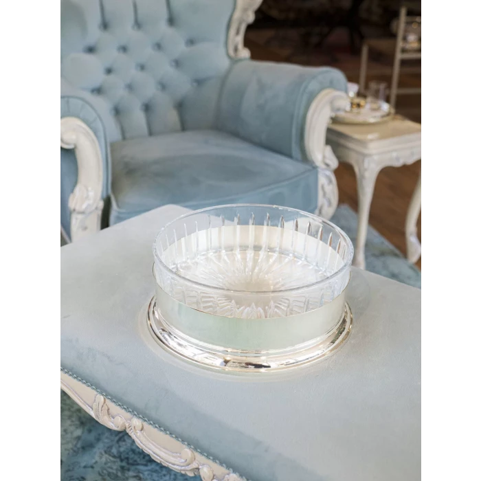 GÜMÜŞ KAPLAMA YUVARLAK SİLİNDİR KASE CAMLI SUNUMLUK (KESME KRİSTAL)