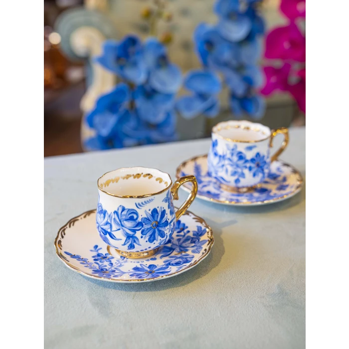 EL BOYAMASI FİNCAN TAKIMI MAVİ ÇİÇEKLİ MODEL