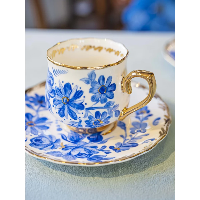 EL BOYAMASI FİNCAN TAKIMI MAVİ ÇİÇEKLİ MODEL