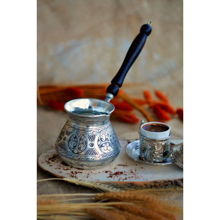 BAKIR CEZVE İŞLEMELİ TOMBAK MODEL 2 KİŞİLİK GÜMÜŞ RENK