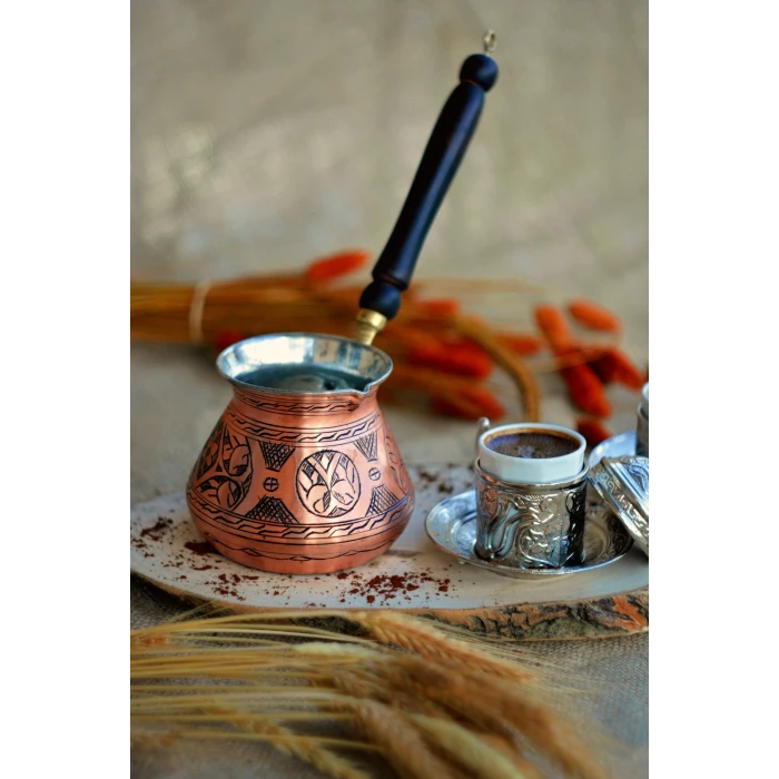 BAKIR CEZVE İŞLEMELİ TOMBAK MODEL 2 KİŞİLİK BAKIR RENK