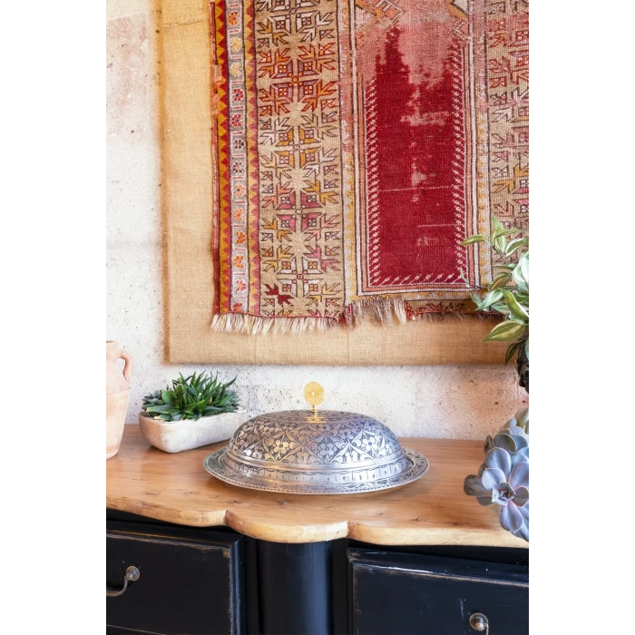 BAKIR SUNUMLUK KAPAKLI OYMA NAKIŞLI 35CM MAT KALAY RENK