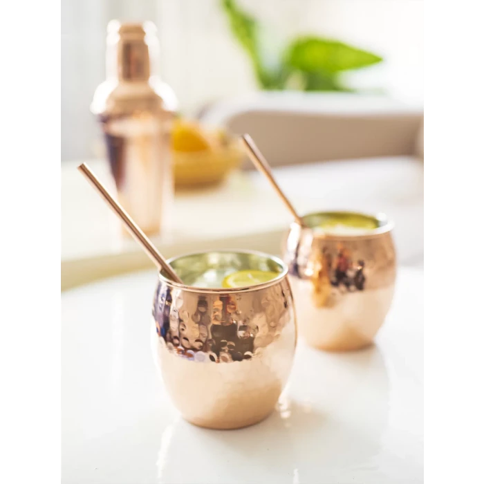 Bakır Bardak Tombul Kokteyl Model Çekiç Dövmeli Bakır Renk