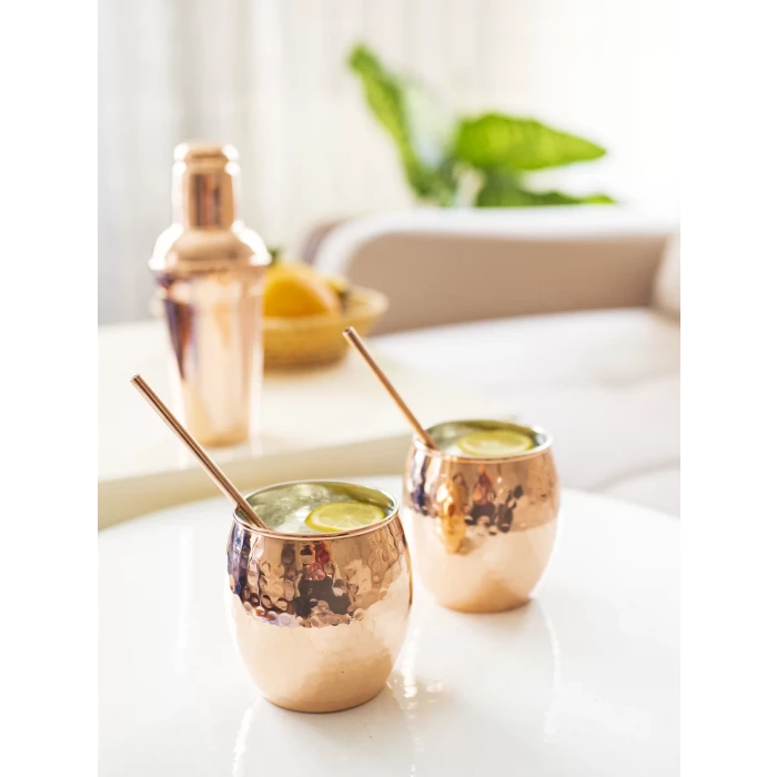 Bakır Bardak Tombul Kokteyl Model Çekiç Dövmeli Bakır Renk