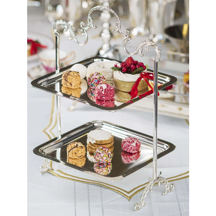 GÜMÜŞ KAPLAMA TEPSİLİ SUNUMLUK İKİ KATLI KARE FORM