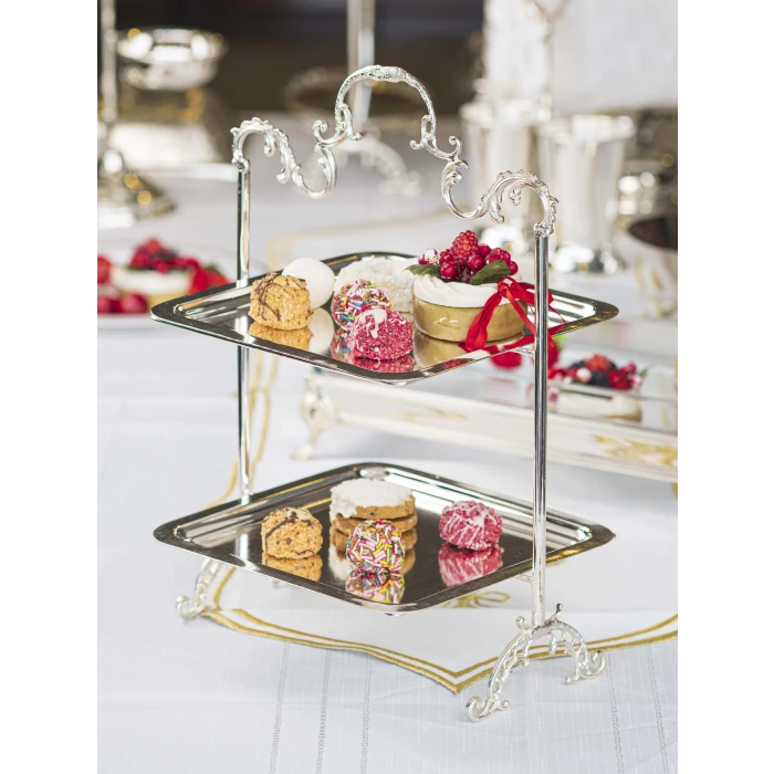 GÜMÜŞ KAPLAMA TEPSİLİ SUNUMLUK İKİ KATLI KARE FORM