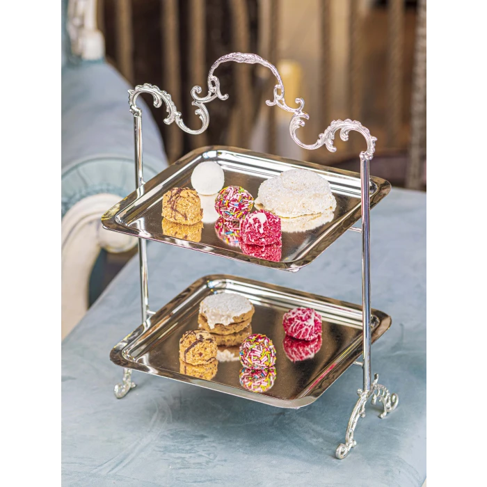 GÜMÜŞ KAPLAMA TEPSİLİ SUNUMLUK İKİ KATLI KARE FORM