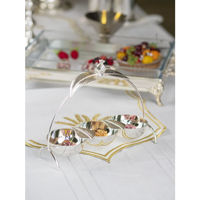 GÜMÜŞ KAPLAMA ÇEREZLİK ÜÇ HAZNELİ NAR YAPRAK DETAYLI