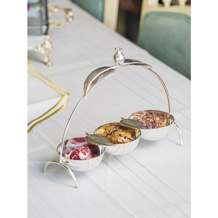 GÜMÜŞ KAPLAMA ÇEREZLİK ÜÇ HAZNELİ NAR YAPRAK DETAYLI