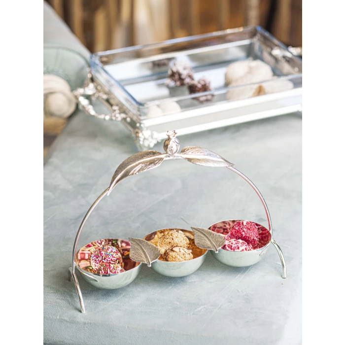 GÜMÜŞ KAPLAMA ÇEREZLİK ÜÇ HAZNELİ NAR YAPRAK DETAYLI