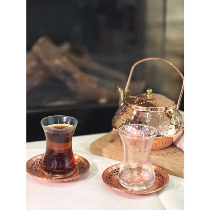 BAKIR ÇAY TABAĞI OYMA NAKIŞLI MODEL PARLAK BAKIR RENK