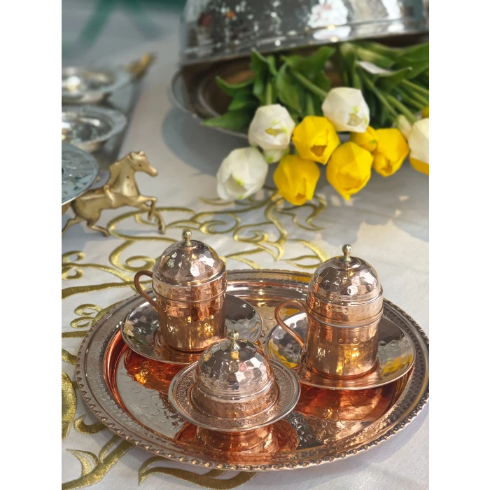 BAKIR KAHVE FİNCANI ÇEKİÇ DÖVME MODEL 2Lİ FİNCAN SETİ PARLAK RENK