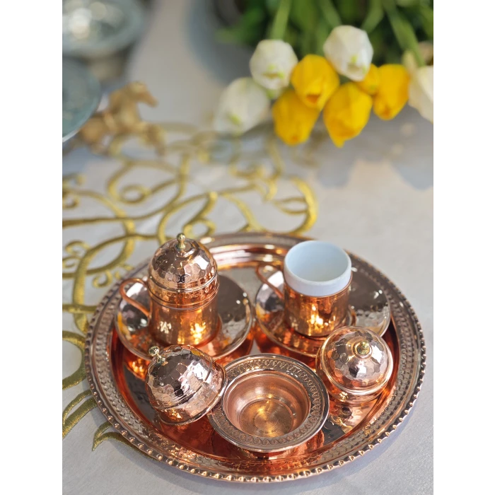 BAKIR KAHVE FİNCANI ÇEKİÇ DÖVME MODEL 2Lİ FİNCAN SETİ PARLAK RENK