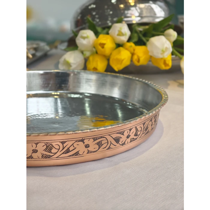 BAKIR FIRIN TEPSİSİ OYMA NAKIŞLI MODEL BAKIR RENK 35 CM