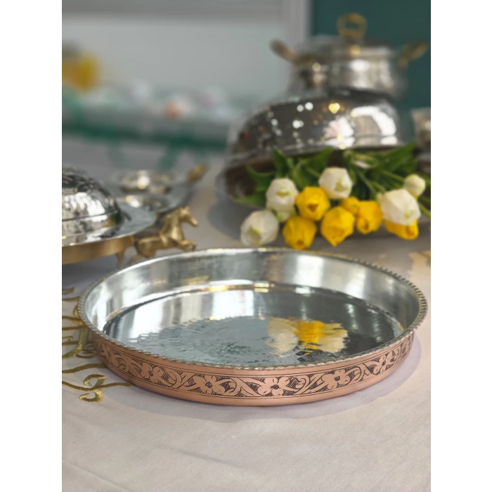 BAKIR FIRIN TEPSİSİ OYMA NAKIŞLI MODEL BAKIR RENK 35 CM